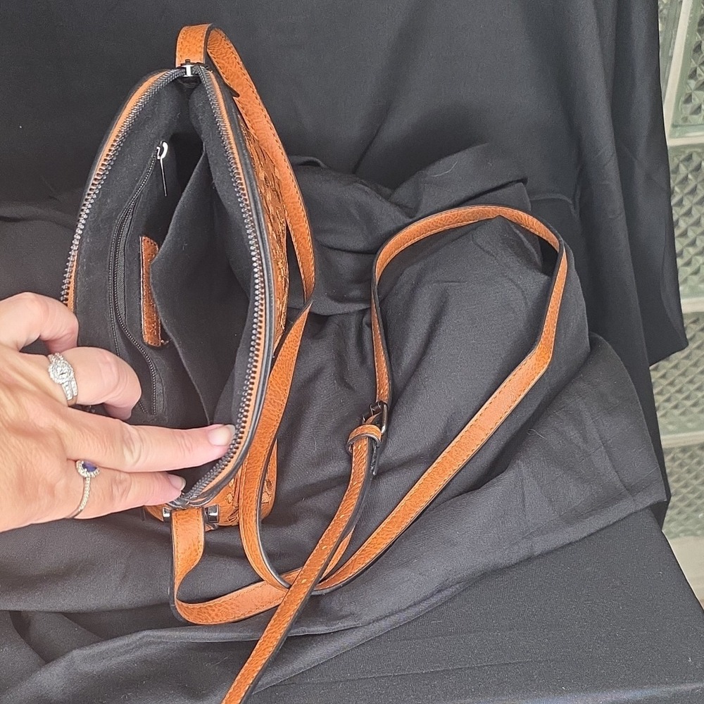 Sam & Hadley Brown Embossed Floral Cross Body Bag with Zipper and Pockets, Small - Picture 3 of 7